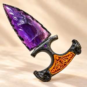 Daga de Cristal Morado Hecha a Mano de 6 Pulgadas con Mango de Resina Negra Ornamentado, Tallado en Relieve, Escultura Gótica de Fantasía, Decorativa y Coleccionable - Product Image 5