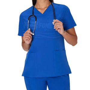 Blouses médicales pour femmes à manches courtes, bleues, col en V, avec poches, en polyester tissé, uniformes d'hôpital, service OEM - Product Image 6