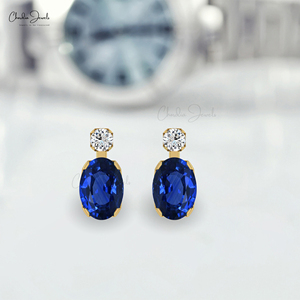 Pendientes de tuerca de zafiro azul ovalado natural con detalles de diamantes en oro amarillo macizo de 14k, piedra de nacimiento de septiembre, con cierre a presión - Product Image 6