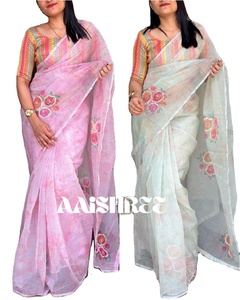 Listo para comprar, el más vendido trabajo de bordado pesado, Sari de seda de Organza impreso personalizado con pieza de blusa - Product Image 1