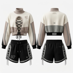 Conjunto Deportivo de Verano para Mujer, Sudadera Corta Ligera con Encaje y Pantalones Cortos, Estilo Racing Estampado, Poliéster/Algodón, Personalizable - Product Image 1