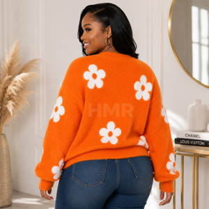 HMR Sisterhood Sorority Acrylic Custom Wholesale <b>Orange</b> Floral Knitted <b>Cardigan</b> Long Sleeve V-Neck Casual Top - Product Image 4
