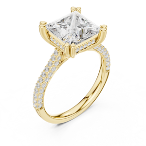 Bague de fiançailles en or jaune avec diamant de laboratoire, solitaire taille princesse avec bande pavée de diamants, bague de mariage de luxe, cadeau élégant - Product Image 1