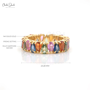 Bague de mariage classique en or jaune 14 carats avec diamants et bande éternité en saphirs multicolores taille poire 5x3mm authentiques pour anniversaires – Vente en gros - Product Image 3