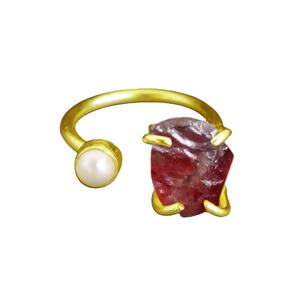 แหวนพลอยโกเมนดิบประดับมุก – แหวนเงินแท้ 925 ปรับขนาดได้สำหรับผู้หญิง - Product Image 1