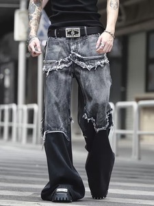 Pantalon large déchiré en faux denim style hip-hop américain pour homme, style urbain de niche, patchwork, délavé - Product Image 2
