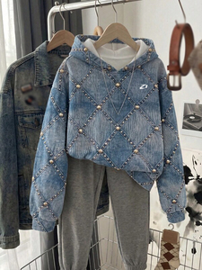 Sudaderas con Capucha para Mujer, con Logotipo Personalizado, Lavado a la Piedra, Mezcla de Algodón, Remaches, Patrón Geométrico, Hombros Caídos, Estilo Urbano, Fabricante - Product Image 3