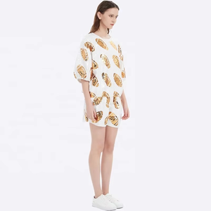 Women <b>Sequin</b> Two Piece Set White Gold Dot Print Loose Fit Casual O Neck <b>Top</b> Shorts Spring Summer Knitted Polyester - Product Image 2