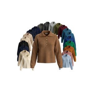 Pull polo côtelé élégant 100 % polyester avec boutons sur le devant, pull décontracté en maille, confortable, doux, tendance, à manches longues - Product Image 1