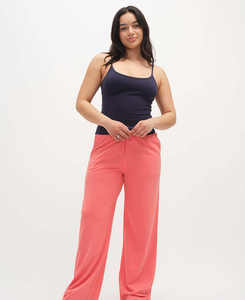 Pantalon tricoté large en corail pour femme, taille mi-haute avec cordon de serrage, coupe décontractée ample, longueur intégrale, couleur unie, respirant, idéal pour l'été - Product Image 4