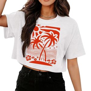 Camiseta Personalizada con Estampado de Palmeras Tropicales, 100% Algodón, Ligera, Manga Corta, para Mujer, Verano, Playa, Estilo Cropped - Product Image 3