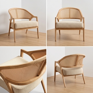 Chaise de salle à manger moderne en teck massif avec dossier en rotin courbé et assise rembourrée, design Japandi pour projets hôteliers, restaurants et villas en Indonésie - Product Image 6