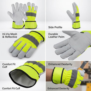 Gants de travail en cuir de chèvre haute visibilité réfléchissants, tissu en coton perforé fluorescent, certifiés CE, anti-coupure, doublure polaire de sécurité - Product Image 3