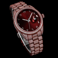 Reloj de Pulsera de Lujo con Diamantes de Imitación en Acero Inoxidable Rojo Rubí, Esfera con Números Arábigos y Cuarzo