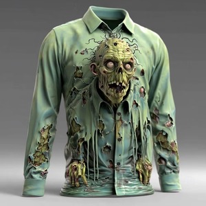 Camiseta de Halloween para Hombre, Estilo Horror, Sublimada, con Botones, Manga Larga, Gótica, Verde, Poliéster, Corte Regular, Personalizada, Digital - Product Image 2