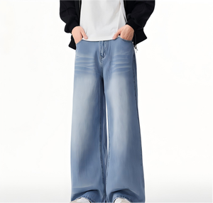 Men Wide Leg Stonewashed Denim <b>Jeans</b> Elastic Waist <b>Button</b> <b>Fly</b> Casual Pants 100% Cotton Woven Fabric Midweight Spring Style - Product Image 3