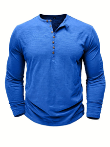 Men's Short Sleeve Henley T-Shirt Solid Blue Knitted Cotton Slim Fit Casual Regular Length Breathable Button-Up 180g Enzyme Wash - Product Image 3