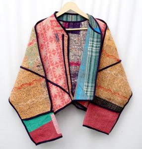 Patchwork Handmade Knitted Cotton <b>Kantha</b> Coat Breathable Eco-friendly Blazer Mandarin Collar Full Sleeve Multi Color Women's - Product Image 3