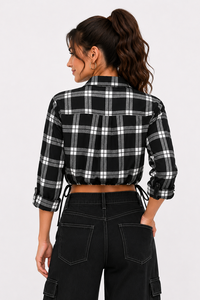 Checkered Black White women's shirt Button Down Crop Shirt <b>Long</b> <b>Sleeve</b> Casual <b>Top</b> Adjustable Hem Drawstrings Custom Logo Regular - Product Image 2