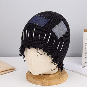 Gorro de punto unisex de acrílico con parche de etiqueta, sin dobladillo, desgastado, a la moda, con logo personalizado, para invierno - Product Image 5