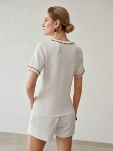 Trendy Round Neck Embellished Short Sleeve <b>Top</b> Women's Shirts Custom Logo <b>Beaded</b> Trim Elegant Luxury Summer Clothing Fashion <b>Top</b> - Product Image 2