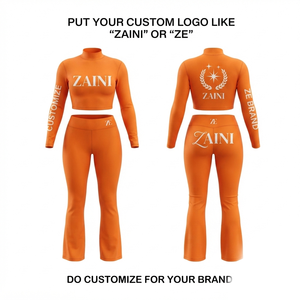 Premium 320 GSM Polyester Spandex Tracksuit Orange Crop Top Flared Pants Custom Logo <b>Set</b> - Product Image 1