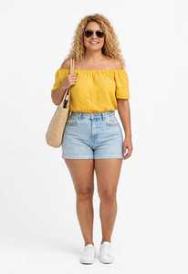 Oneten Apparels <b>Women</b> Summer <b>2</b> <b>Piece</b> <b>Outfit</b> Yellow Off Shoulder Ruffle Top And Light Blue Denim Shorts Set - Product Image 1