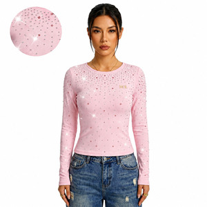 Custom <b>Rhinestone</b> Embellishment women's shirt Smooth Knit Texture Cropped <b>Top</b> Long sleeves Slim Fit Tee Customised Logo Branding - Product Image 1