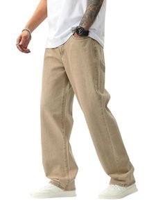 Jean Baggy Homme 100% Coton Denim Beige Coupe Large Taille Mi-Haute Uni Décontracté Écologique Vintage Quotidien - Product Image 4