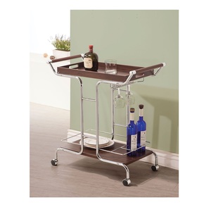 Luxury Chrome and Dark Wood <b>Serving</b> Cart 2-Layer Mobile Drink Station & Espresso Coffee Bar <b>Trolley</b> with Wheels - Product Image 2