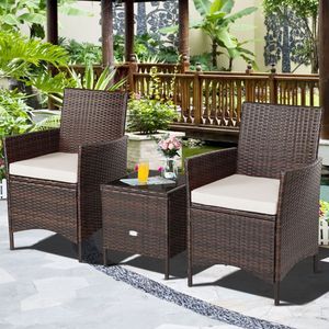 3-Piece Patio Rattan Conversation Set with Cushions & Glass <b>Table</b> <b>Top</b> for Garden <b>Decor</b> - Product Image 1