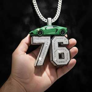 Pendentif Moissanite Personnalisé Numéro 76 avec Voiture, Style Hip Hop, pour Fêtes et Occasions Spéciales, en Argent 925, Bijoux Fins, Pendentifs et Breloques - Product Image 1
