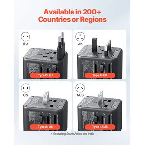 Adaptador de Viaje Universal 5 en 1, Adaptador de Corriente Internacional Europeo con 2 Puertos USB-C, 2 Puertos USB, 1 Toma de Corriente Alterna y 4 Enchufes Diferentes - Product Image 2