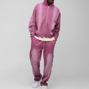 Men's Pink Hooded Tracksuit Full <b>Zip</b> Sweatshirt and Pants Set Casual Loose Fit Solid Color Breathable Polyester Autumn Wear - Product Image 1