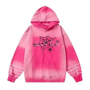 Sweat-shirt à capuche unisexe rose tie-dye motif toile d'araignée délavé à l'acide, coupe oversize décontractée, idéal automne-hiver, avec poches, coupe classique - Product Image 1