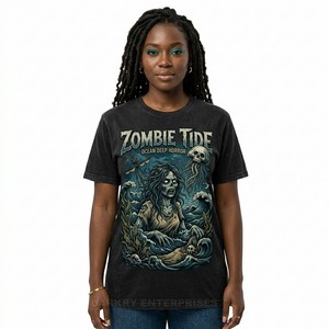 T-shirt personnalisé imprimé pour femme, motif squelette d'art populaire, style bohème, vert olive, coton épais, streetwear, tenue décontractée, vente en gros - Product Image 6