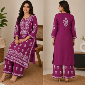 Modern Women Purple <b>Chikankari</b> Hand Embroidered Straight Kurti with Matching Palazzo Set Ethnic Floral Suit - Product Image 4