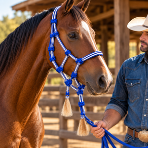 Harnais de cheval bleu Western avec franges |   Têtière équestre tressée et nouée pour l'entraînement, l'écurie et le ranch - Product Image 3