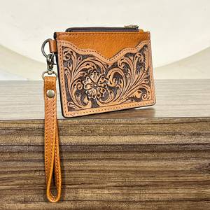 Bulk Factory Price Hand Tooled Genuine Leather Mini Zipper <b>Wallet</b> Floral Design Coin & ATM <b>Card</b> <b>Holder</b> Wristlet Unisex <b>Wallet</b> - Product Image 4