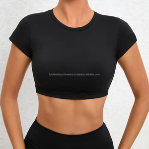 FONILBEST Haut de yoga sans dos à manches courtes dos nageur noir uni respirant pour femme, vêtements de sport, service OEM - Product Image 2