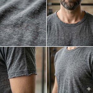 T-shirt Homme Personnalisé en Laine 100% Tricotée Coupe Slim, Bords Effilochés, Lavage Enzymatique, Style Vintage Sportif Streetwear, Ourlet Brut, Grammage Lourd - Product Image 4