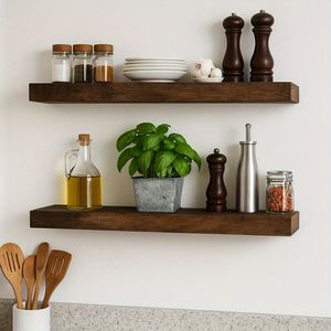 2 étagères murales flottantes en bois massif au design moderne, gain de place pour salon et cuisine - Product Image 5