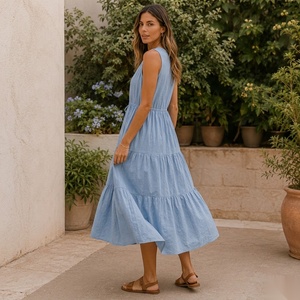 Vestido midi con cuello en V, sin mangas, corte en A, de algodón, informal, de verano, color liso, transpirable, ajuste holgado, cintura natural - Product Image 2