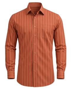 Chemise habillée sur mesure pour homme, rayures verticales orange rouille, coupe ajustée, boutonnée, manches longues, formelle et décontractée, pour le bureau, mélange de coton, OEM - Product Image 1