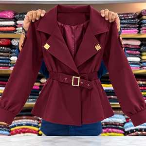 Manteau trench élégant pour femme avec ceinture, manches lanternes, col cranté, taille ajustée, doublure en satin, style bureau, peplum décontracté - Product Image 5