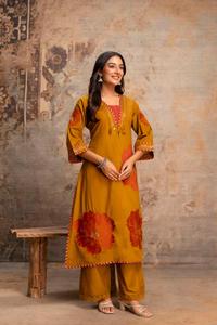 Elegant Ochre Brown 60x60 Cotton Applique Work <b>Kurta</b> Pant Dupatta Set with Coral Floral Motifs <b>for</b> <b>Women</b> Ethnic Party Wear - Product Image 3
