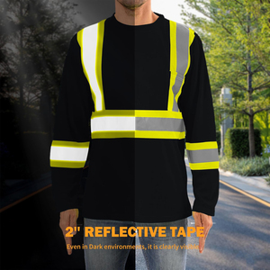 Camisa de Trabajo de Alta Visibilidad de Dos Tonos, Manga Larga, Algodón Transpirable, Certificación EN, Color Negro y Verde Neón, Ropa de Seguridad Reflectante para Trabajo en Carretera - Product Image 6