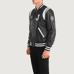 <b>Men's</b> PU <b>Leather</b> Varsity <b>Jacket</b> Preppy Style Embroidered J Logo Turn-down Collar Regular Fit Autumn Wear - Product Image 2