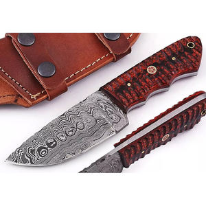 Couteau de chasse compact haut de gamme pour la survie en extérieur, en acier Damas, type Bull Cutter, couteau de cowboy avec étui en cuir - Product Image 1