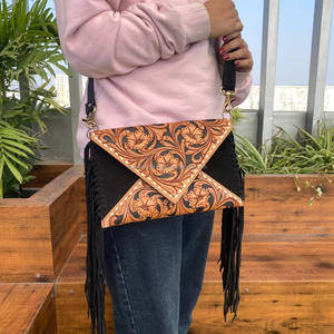 Wholesale Hand Tooled <b>Suede</b> Leather Crossbody Fringe Envelope <b>Bags</b> Western Genuine Leather Floral Carved Bohemian Shoulder Purse - Product Image 2